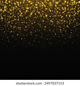 Golden confetti and glitter texture on a black background. Shiny dust, bokeh effect. Abstract falling golden lights and stars.