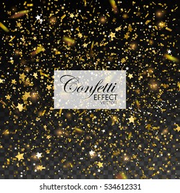 Golden Confetti Glitters and Stars. Vector Festive Illustration of Falling Shiny Particles. Sparkling Texture Isolated on Transparent Checkered Background. Holiday Christmas Tinsel Element for Design