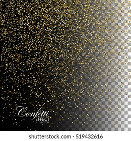 Golden Confetti Glitters. Vector Festive Illustration of Falling Shiny Particles. Sparkling Texture Isolated on Transparent Checkered Background. Holiday Decorative Tinsel Element for Design