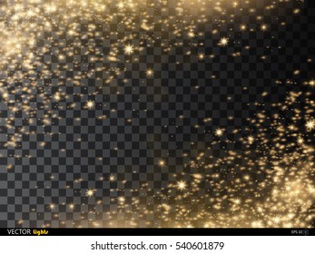 Golden Confetti Glitters. Vector Festive Illustration of Falling Shiny Particles And Stars. Sparkling Texture Isolated on Transparent Checkered Background. Holiday Decorative Tinsel Element for Design