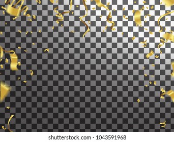 Golden Confetti And gold Ribbons on transparent Checkered background, Party celebration. Vector Festive Illustration of Falling Shiny Glitters
