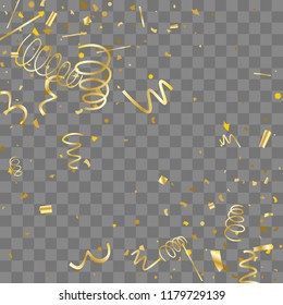 Golden confetti. Gold texture glitter on a transparent background. Element of design. Golden abstract textures are chaotically falling. Vector illustration, EPS 10.