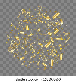 Golden confetti. Gold texture glitter on a transparent background. Element of design. Golden abstract textures are chaotically falling. Vector illustration, EPS 10.