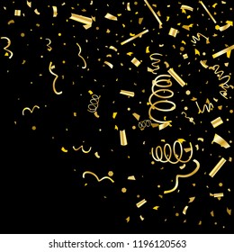 Golden confetti. Gold texture glitter on a black background. Element of design. Golden abstract textures are chaotically falling. Vector illustration, EPS 10.