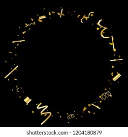 Golden confetti. Gold texture glitter on a black background. Element of design. Golden abstract textures are chaotically falling. Vector illustration, EPS 10.