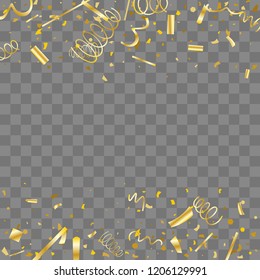 Golden confetti. Gold texture glitter on a transparent background. Element of design. Golden abstract textures are chaotically falling. Vector illustration, EPS 10.
