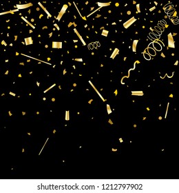 Golden confetti. Gold texture glitter on a black background. Element of design. Golden abstract textures are chaotically falling. Vector illustration, EPS 10.
