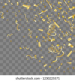 Golden confetti. Gold texture glitter on a transparent background. Element of design. Golden abstract textures are chaotically falling. Vector illustration, EPS 10.