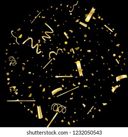 Golden confetti. Gold texture glitter on a black background. Element of design. Golden abstract textures are chaotically falling. Vector illustration, EPS 10.