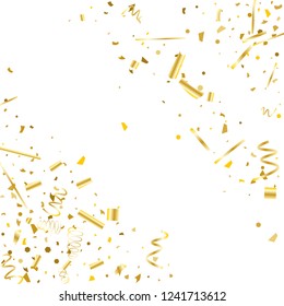 Golden confetti. Gold texture glitter on a white background. Element of design. Golden abstract textures are chaotically falling. Vector illustration, EPS 10.