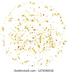 Golden confetti. Gold texture glitter on a white background. Element of design. Golden abstract textures are chaotically falling. Vector illustration, EPS 10.