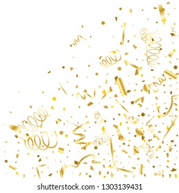 Golden confetti. Gold texture glitter on a white background. Element of design. Golden abstract textures are chaotically falling. Vector illustration, EPS 10.