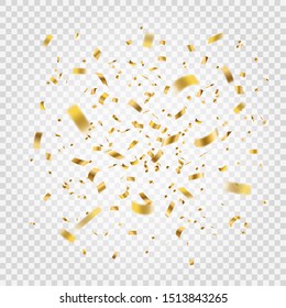 Golden confetti. Gold tinsel explosion and foil ribbons, realistic yellow glitter serpentine. Carnival and grand opening isolated elements, vector celebration party decor background