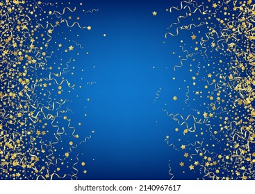 Golden Confetti Happy Vector Blue Background. Christmas Spiral Invitation. Serpentine Carnival Illustration. Gold Decoration Design.