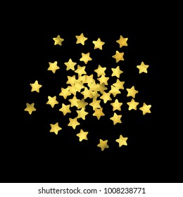 Golden confetti isolated on black background. Scatter gradient with gold confetti on dark backdrop. Glamour falling glitter. New year wallpaper. Luxury vector brochure template. Cover texture design.