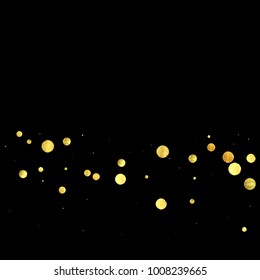 Golden confetti isolated on black background. Scatter gradient with gold confetti on dark backdrop. Glamour falling glitter. New year wallpaper. Luxury vector brochure template. Cover texture design.