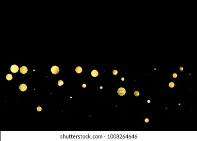 Golden confetti isolated on black background. Scatter gradient with gold confetti on dark backdrop. Glamour falling glitter. New year wallpaper. Luxury vector brochure template. Cover texture design.