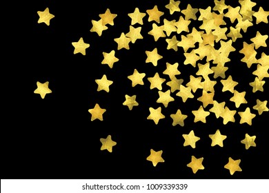 Golden confetti isolated on black background. Scatter gradient with gold confetti on dark backdrop. Glamour falling glitter. New year wallpaper. Luxury vector brochure template. Cover texture design.
