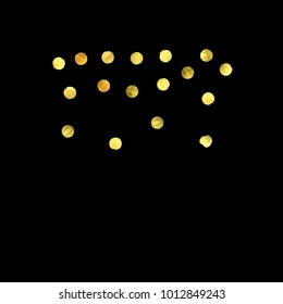Golden confetti isolated on black background. Scatter gradient with gold confetti on dark backdrop. Glamour falling glitter. New year wallpaper. Luxury vector brochure template. Cover texture design.