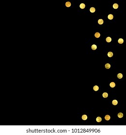 Golden confetti isolated on black background. Scatter gradient with gold confetti on dark backdrop. Glamour falling glitter. New year wallpaper. Luxury vector brochure template. Cover texture design.
