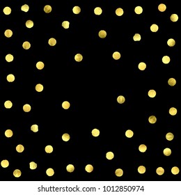 Golden confetti isolated on black background. Scatter gradient with gold confetti on dark backdrop. Glamour falling glitter. New year wallpaper. Luxury vector brochure template. Cover texture design.