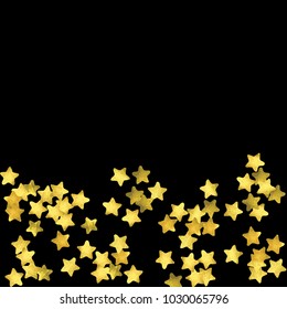 Golden confetti isolated on black background. Scatter gradient with gold confetti on dark backdrop. Glamour falling glitter. New year wallpaper. Luxury vector brochure template. Cover texture design.