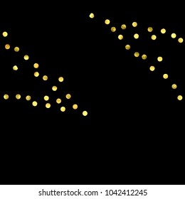 Golden confetti isolated on black background. Scatter gradient with gold confetti on dark backdrop. Glamour falling glitter. New year wallpaper. Luxury vector brochure template. Cover texture design.