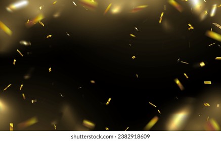 Golden confetti isolated on black background. Festive tinsel of gold color. Sparkling magical dust particles. Christmas background. Celebration Event and Party,Luxury anniversary. Holiday Vector EPS10