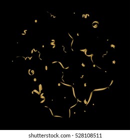 Golden confetti isolated on black background. Vector Illustration.