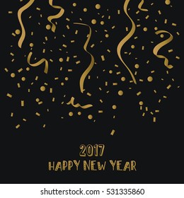Golden confetti isolated on black background. happy new year. Vector Illustration.
