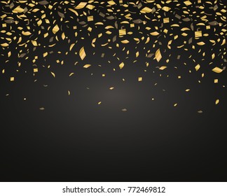 Golden confetti isolated on black background. Festive vector illustration