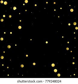 Golden confetti isolated on black background. Scatter gradient with gold confetti on dark backdrop. Glamour falling glitter. New year wallpaper. Luxury vector brochure template. Cover texture design.
