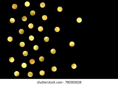Golden confetti isolated on black background. Scatter gradient with gold confetti on dark backdrop. Glamour falling glitter. New year wallpaper. Luxury vector brochure template. Cover texture design.