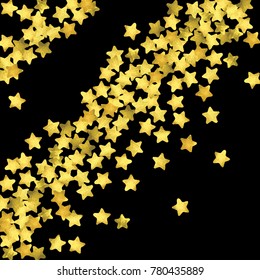 Golden confetti isolated on black background. Scatter gradient with gold confetti on dark backdrop. Glamour falling glitter. New year wallpaper. Luxury vector brochure template. Cover texture design.