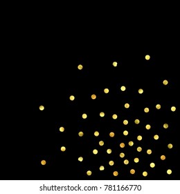 Golden confetti isolated on black background. Scatter gradient with gold confetti on dark backdrop. Glamour falling glitter. New year wallpaper. Luxury vector brochure template. Cover texture design.