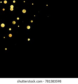 Golden confetti isolated on black background. Scatter gradient with gold confetti on dark backdrop. Glamour falling glitter. New year wallpaper. Luxury vector brochure template. Cover texture design.