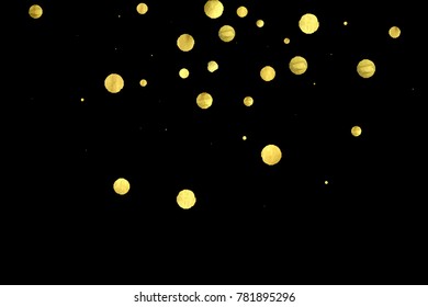 Golden confetti isolated on black background. Scatter gradient with gold confetti on dark backdrop. Glamour falling glitter. New year wallpaper. Luxury vector brochure template. Cover texture design.