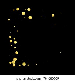 Golden confetti isolated on black background. Scatter gradient with gold confetti on dark backdrop. Glamour falling glitter. New year wallpaper. Luxury vector brochure template. Cover texture design.