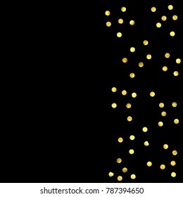 Golden confetti isolated on black background. Scatter gradient with gold confetti on dark backdrop. Glamour falling glitter. New year wallpaper. Luxury vector brochure template. Cover texture design.