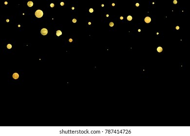 Golden confetti isolated on black background. Scatter gradient with gold confetti on dark backdrop. Glamour falling glitter. New year wallpaper. Luxury vector brochure template. Cover texture design.