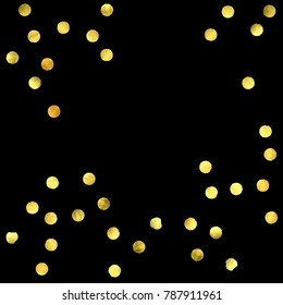 Golden confetti isolated on black background. Scatter gradient with gold confetti on dark backdrop. Glamour falling glitter. New year wallpaper. Luxury vector brochure template. Cover texture design.