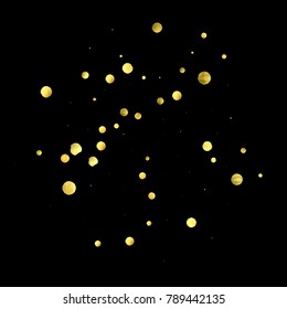 Golden confetti isolated on black background. Scatter gradient with gold confetti on dark backdrop. Glamour falling glitter. New year wallpaper. Luxury vector brochure template. Cover texture design.