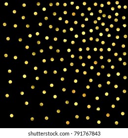 Golden confetti isolated on black background. Scatter gradient with gold confetti on dark backdrop. Glamour falling glitter. New year wallpaper. Luxury vector brochure template. Cover texture design.