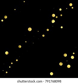 Golden confetti isolated on black background. Scatter gradient with gold confetti on dark backdrop. Glamour falling glitter. New year wallpaper. Luxury vector brochure template. Cover texture design.