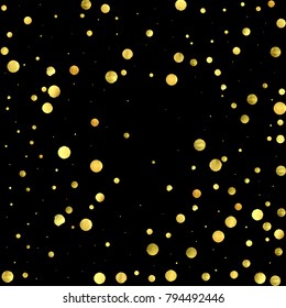 Golden confetti isolated on black background. Scatter gradient with gold confetti on dark backdrop. Glamour falling glitter. New year wallpaper. Luxury vector brochure template. Cover texture design.
