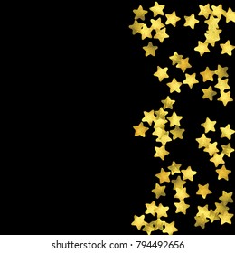 Golden confetti isolated on black background. Scatter gradient with gold confetti on dark backdrop. Glamour falling glitter. New year wallpaper. Luxury vector brochure template. Cover texture design.