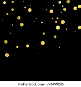Golden confetti isolated on black background. Scatter gradient with gold confetti on dark backdrop. Glamour falling glitter. New year wallpaper. Luxury vector brochure template. Cover texture design.