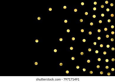 Golden confetti isolated on black background. Scatter gradient with gold confetti on dark backdrop. Glamour falling glitter. New year wallpaper. Luxury vector brochure template. Cover texture design.