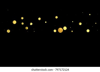 Golden confetti isolated on black background. Scatter gradient with gold confetti on dark backdrop. Glamour falling glitter. New year wallpaper. Luxury vector brochure template. Cover texture design.