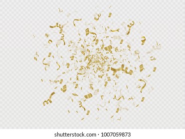 Golden confetti, isolated on cellular background. Festive vector illustration Tiny confetti with ribbon on white background. Festive event and party. Vector yellow.